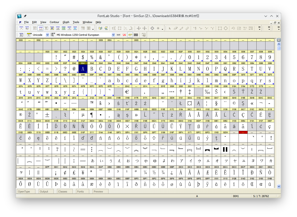 打开宋体的 Fontlab